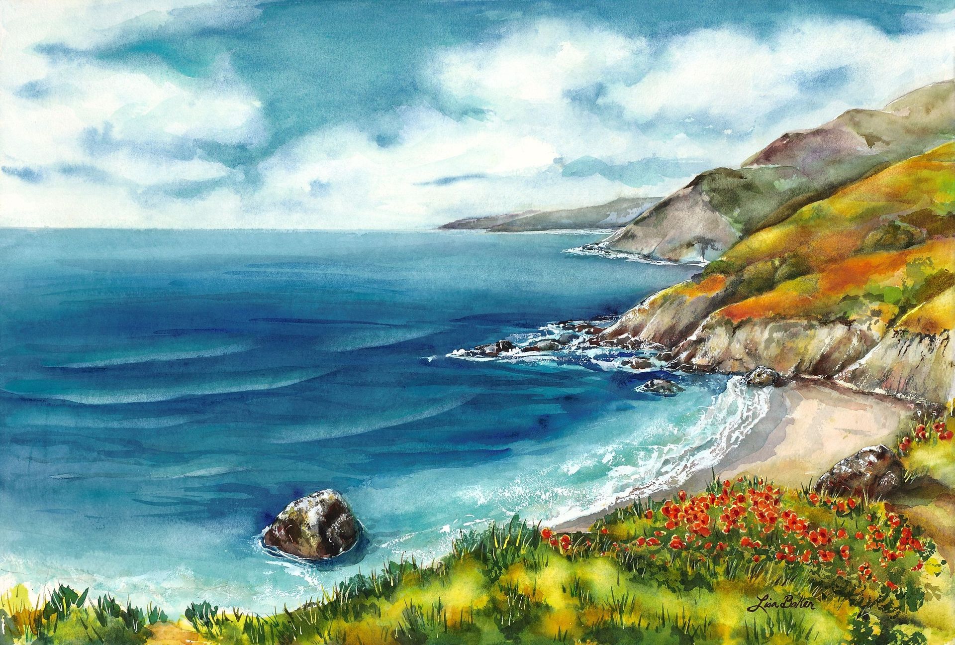 California Coast, a watercolor by Lisa Baker: deep blue Pacific water and white surf below green and gold headlands, red poppies on the bluff