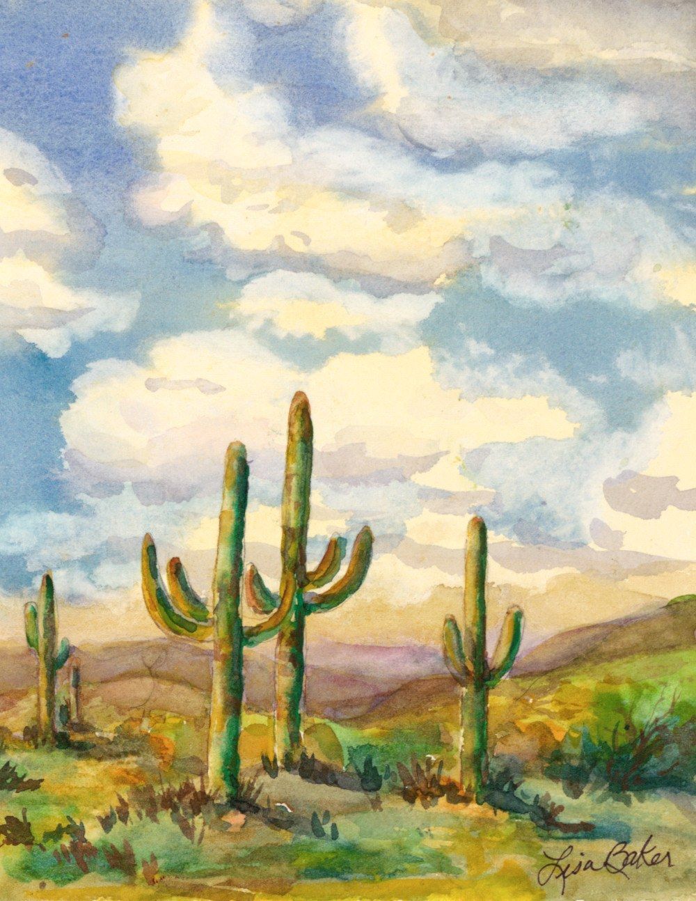 Desert Cactus, a watercolor by Lisa Baker: tall saguaro cactus in a desert under billowing clouds