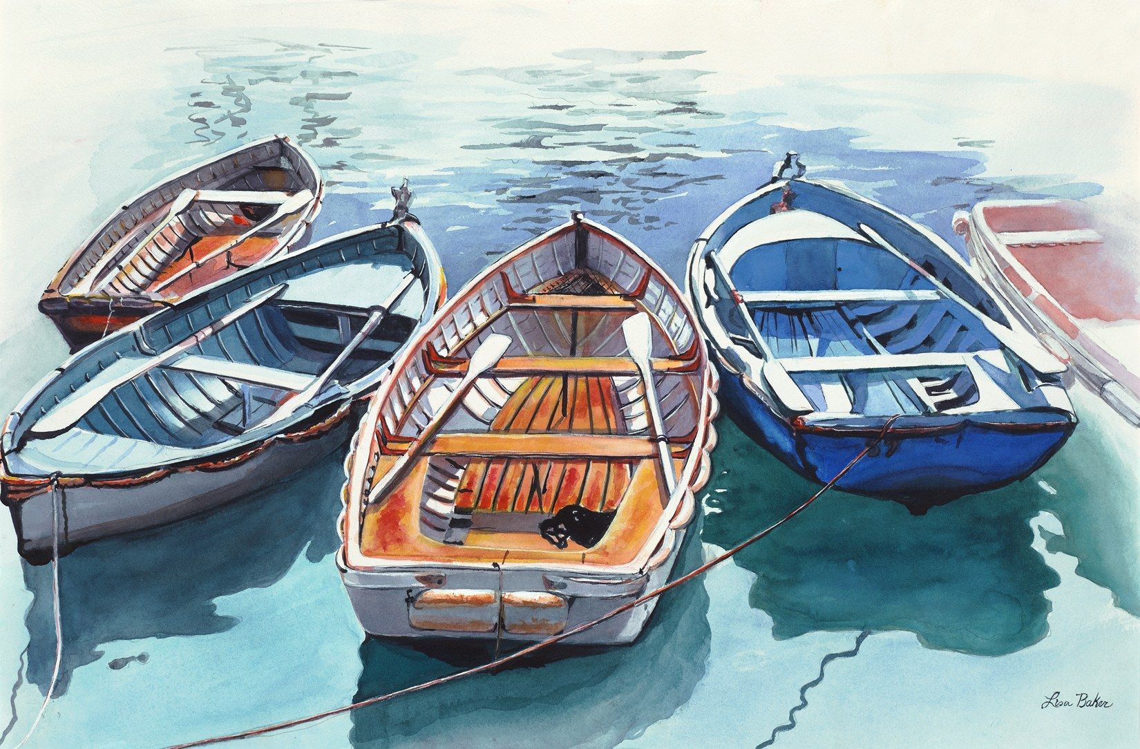 Harbor Row Boats, a watercolor by Lisa Baker: four wooden rowboats, blue, orange and white, tied side by side on still water