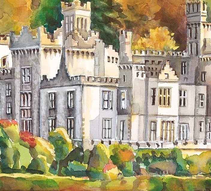 A detail of Kylemore Abbey, Ireland (Fall) at full resolution: gray stone towers and tall windows drawn in fine lines over soft washes