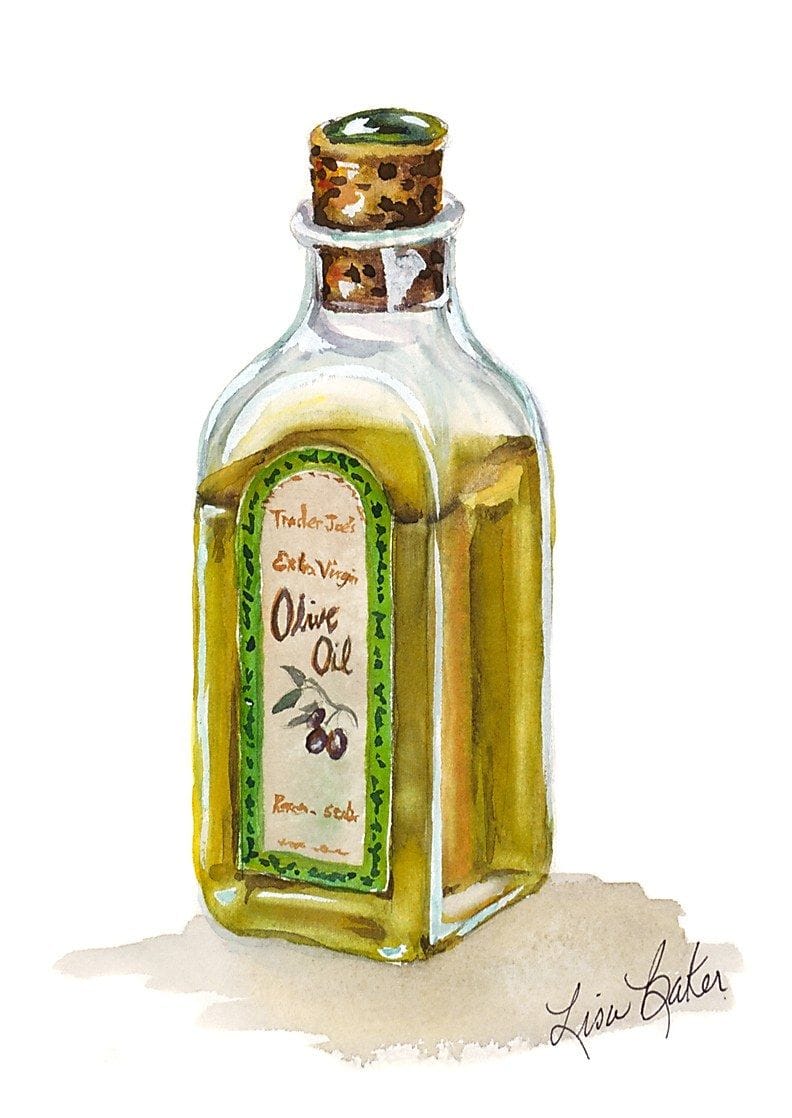 Olive Oil, a watercolor by Lisa Baker: a bottle of olive oil with a cork stopper