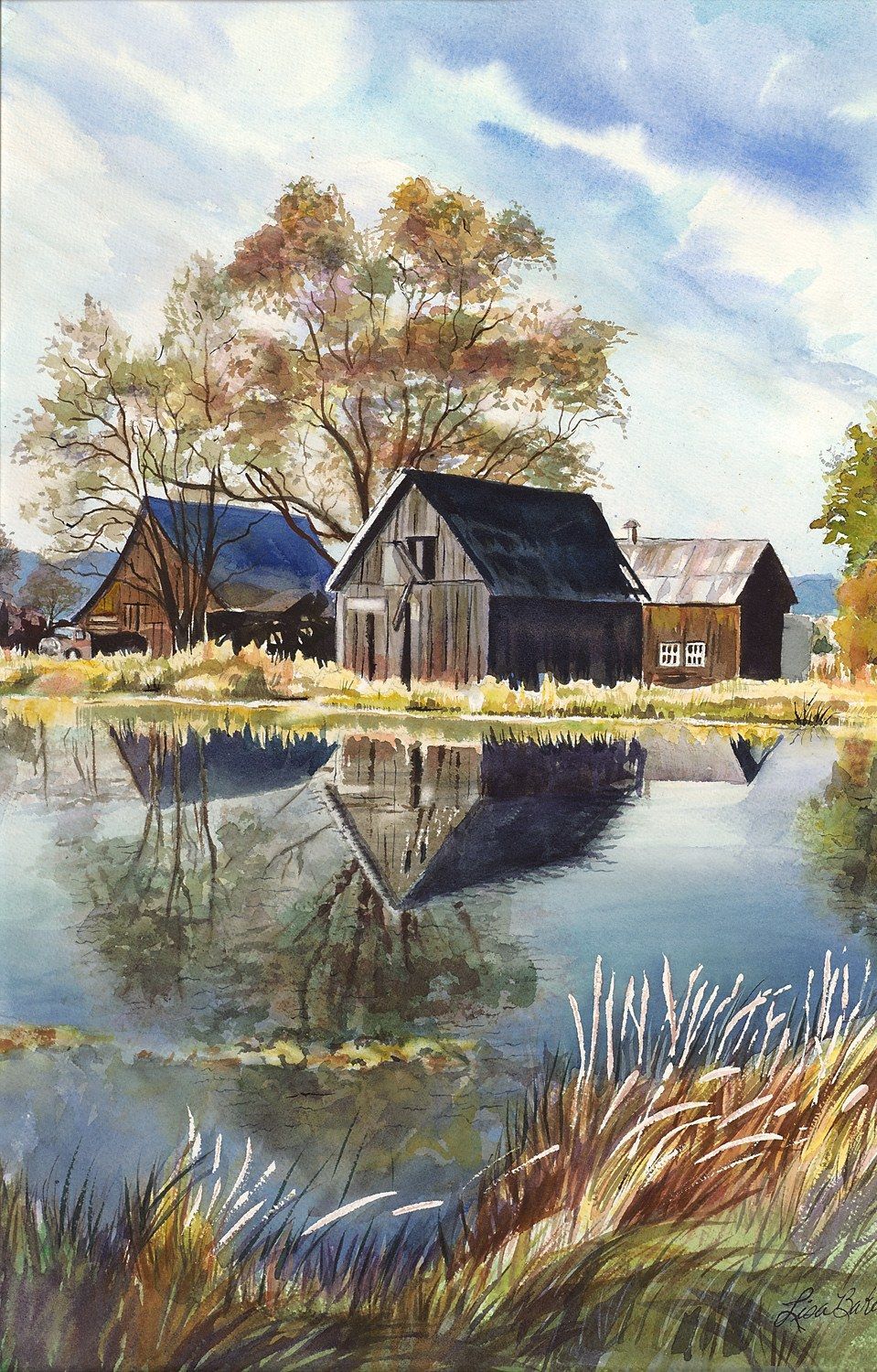 Reflection Barn, a watercolor by Lisa Baker: farm buildings reflected in a still pond, autumn trees behind