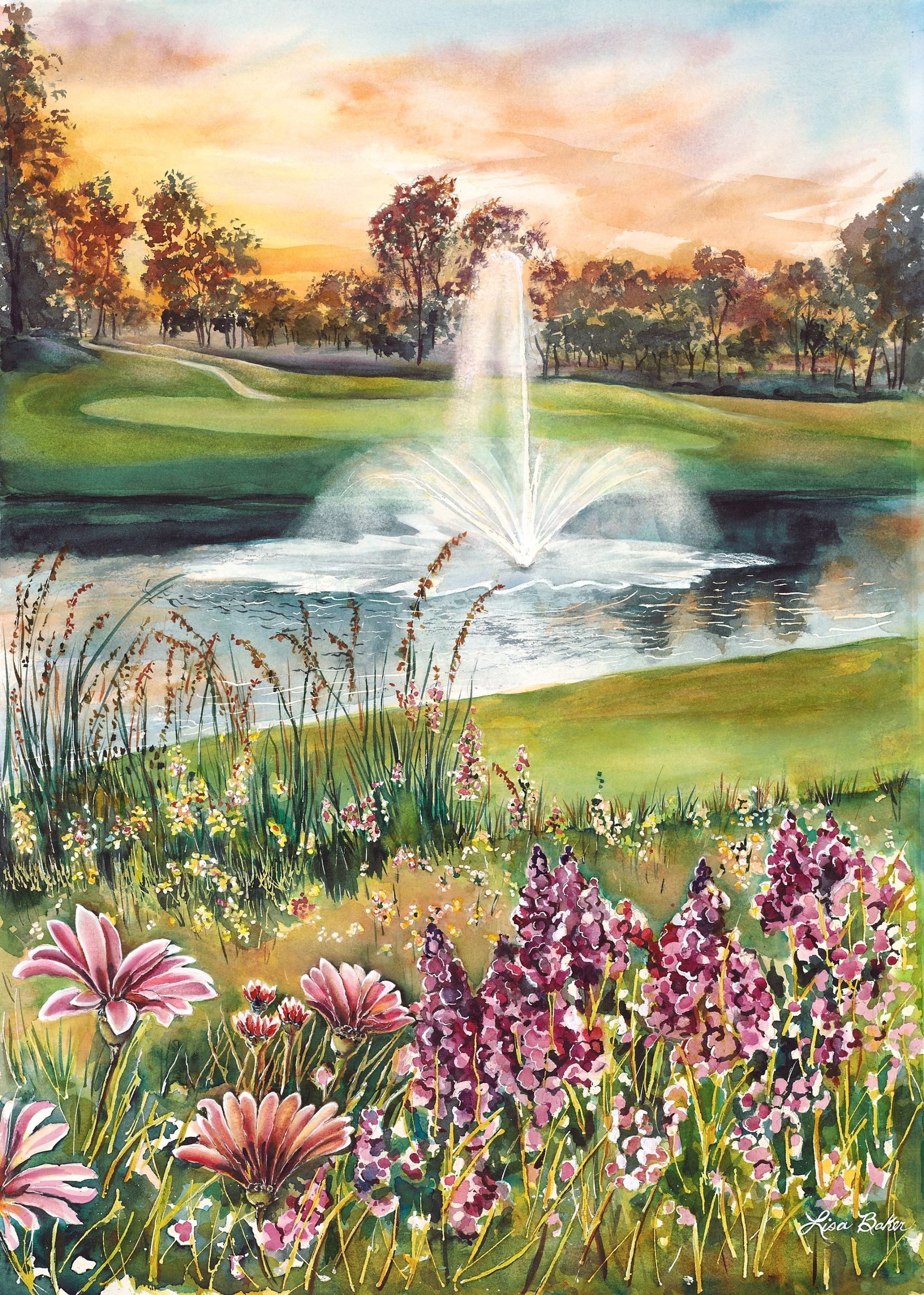 Trilogy Monarch Dunes, in Nipomo: a fountain rising from a pond on a golf course at sunset, pink and purple flowers in front and autumn trees behind