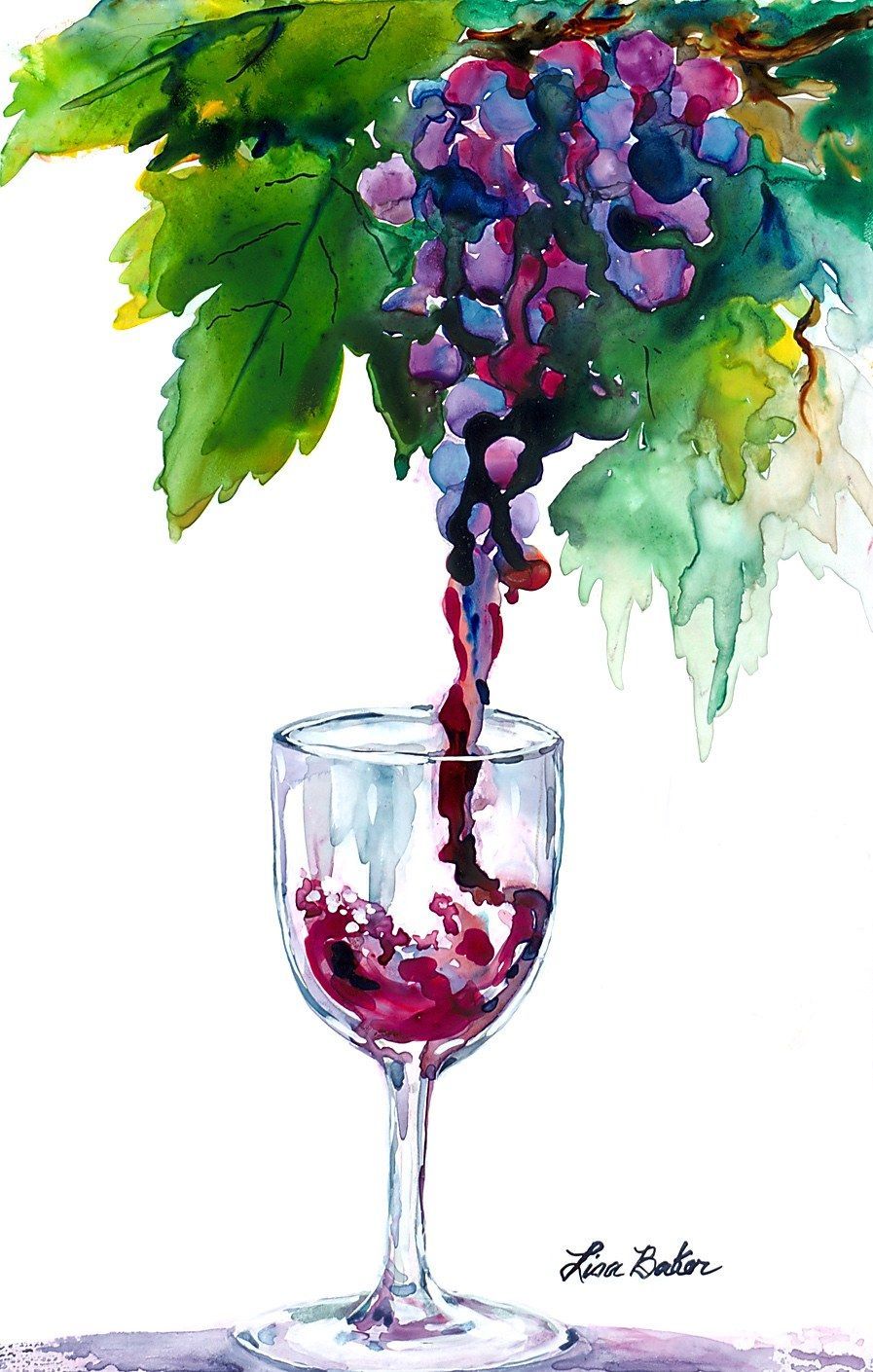 Wine Glass EPO, a watercolor by Lisa Baker: loose purple grapes and bright green leaves pouring wine into a glass, on white paper