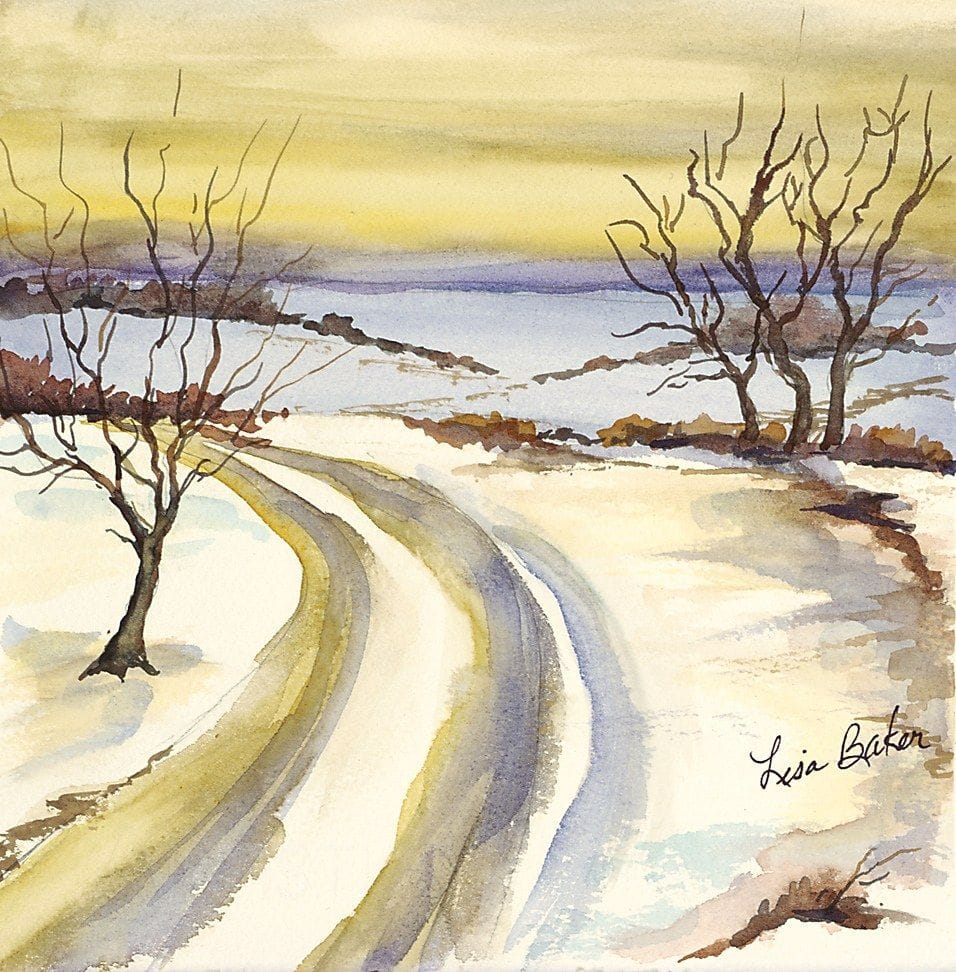 Winter Road, a small square watercolor by Lisa Baker: a snowy road curving past bare trees under a pale sky